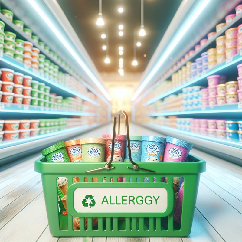 Bright colorful grocery aisle filled with ice cream cartons front and center clear allergy-safe labels green eco-friendly shopping basket soft natural lighting cheerful atmosphere