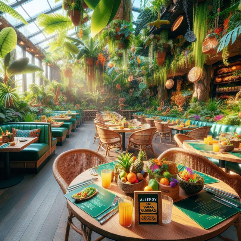 A vibrant rainforest themed restaurant scene with lush green plants colorful food items clear allergy warning signs on menus and soft sunlight streaming in