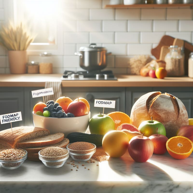Bright kitchen countertop with bowls of grains fruits and vegetables labeled FODMAP friendly next to a loaf of whole wheat bread glowing natural light clean background educational tone
