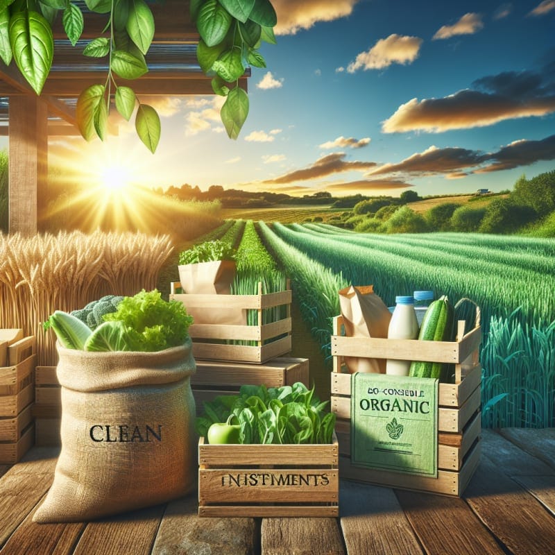 Bright organic farm landscape with lush green crops golden sunlight eco packaging labeled clean ingredients wooden crates wheat field blue sky sustainable vibe