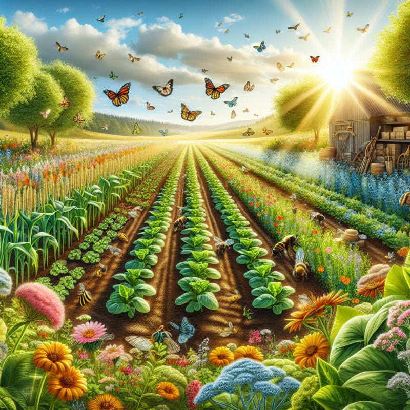 A sunlit organic farm landscape with vibrant green crops growing in rich healthy soil surrounded by pollinators and wildflowers symbolizing biodiversity and sustainability