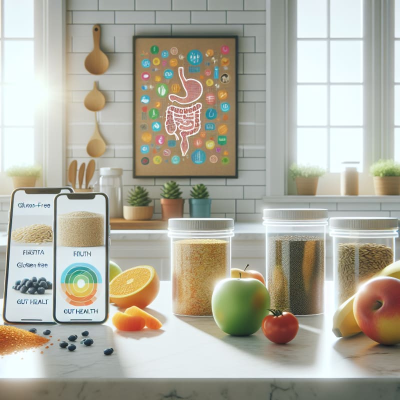 Bright kitchen counter with labeled gluten free grains fruits and vegetables next to a modern smartphone displaying a gut health infographic soft daylight clean minimalist style hopeful mood