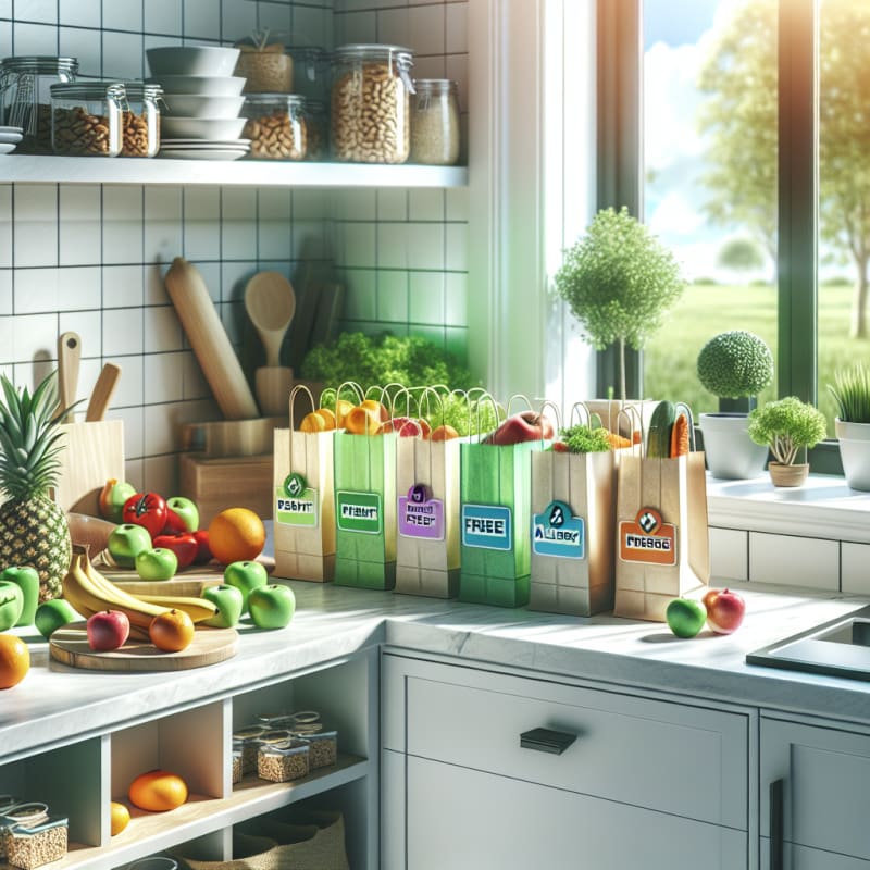 Bright modern kitchen counter filled with colorful peanut free snacks allergy safe food labels eco friendly grocery bags vibrant natural lighting fresh produce