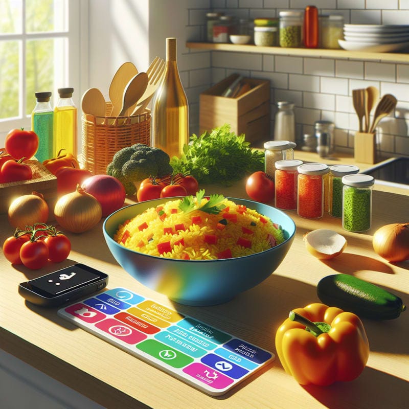 A bright kitchen countertop with a bowl of vibrant Spanish rice surrounded by colorful food labels allergy symbols and a digital scanner set against fresh produce and clean utensils sunlit and cheerful atmosphere