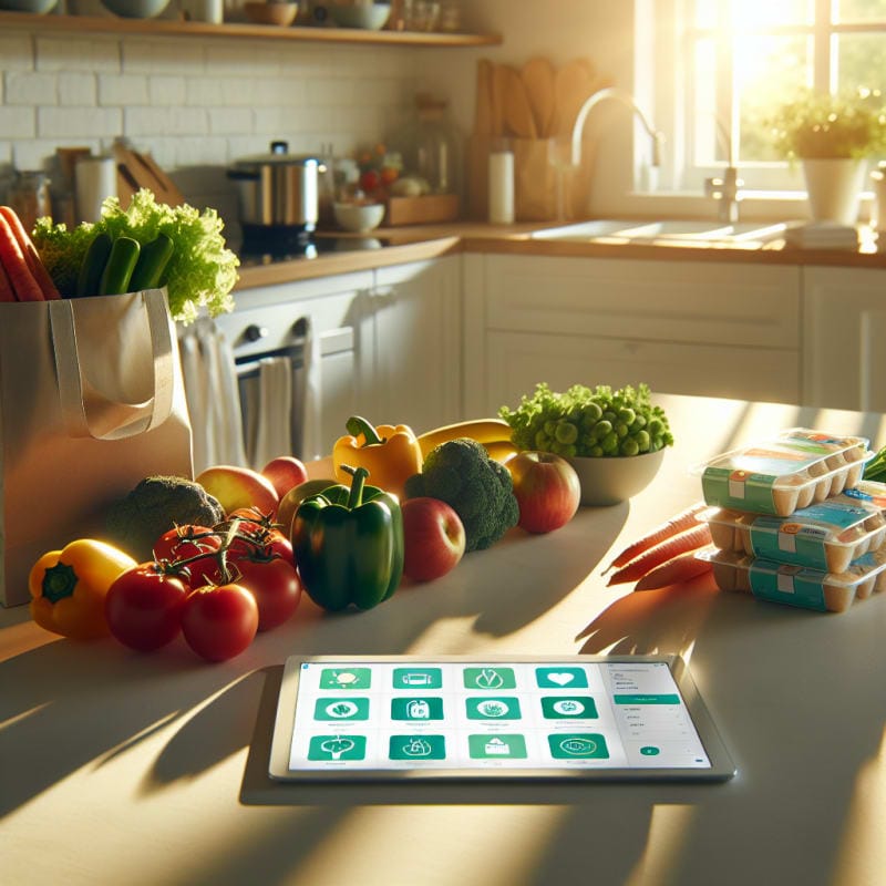 Bright kitchen countertop filled with colorful fresh vegetables fruits allergy-friendly packaged foods reusable grocery bags digital tablet with food safety icons soft sunlight