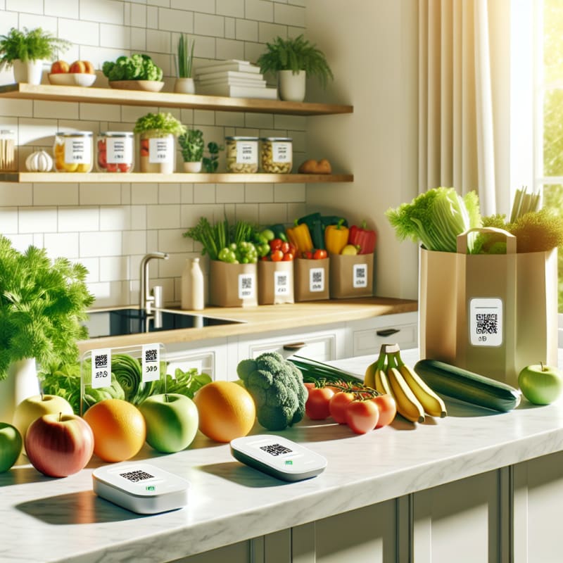 Bright modern kitchen countertop with colorful fresh fruits leafy greens healthy snacks labeled containers food label scanning device eco-friendly grocery bags soft natural sunlight