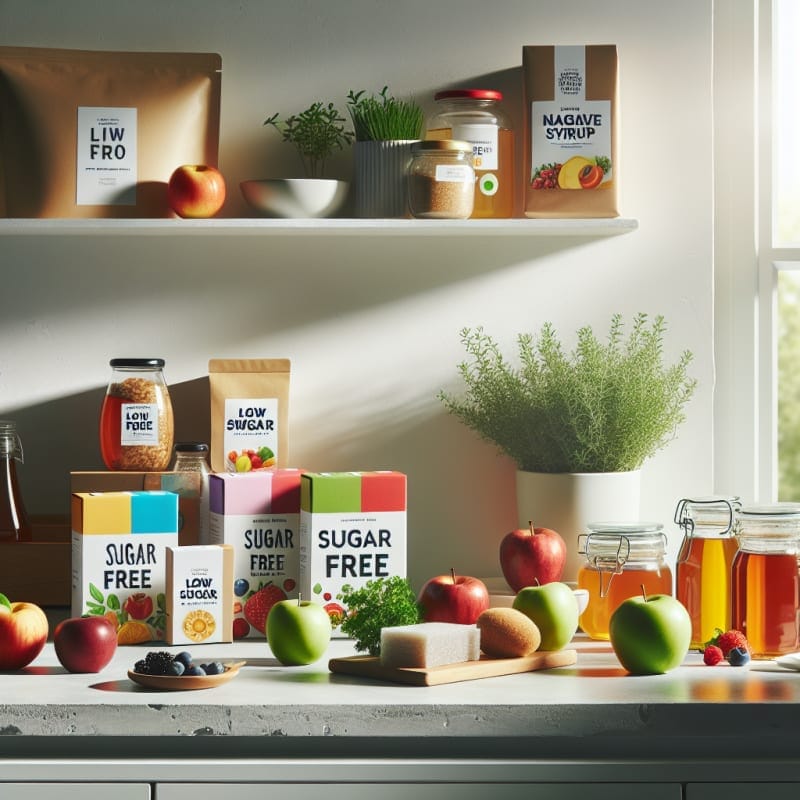 Bright kitchen counter with colorful food packaging labeled sugar free and low sugar surrounded by fresh fruits herbs and glass jars of natural sweeteners soft daylight minimal design