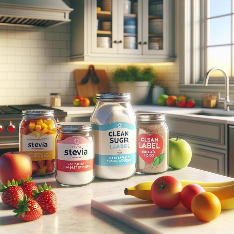A bright modern kitchen countertop with colorful jars labeled natural sweeteners like stevia and monk fruit surrounded by fresh fruit and a clean label food package symbolizing sugar reduction trends