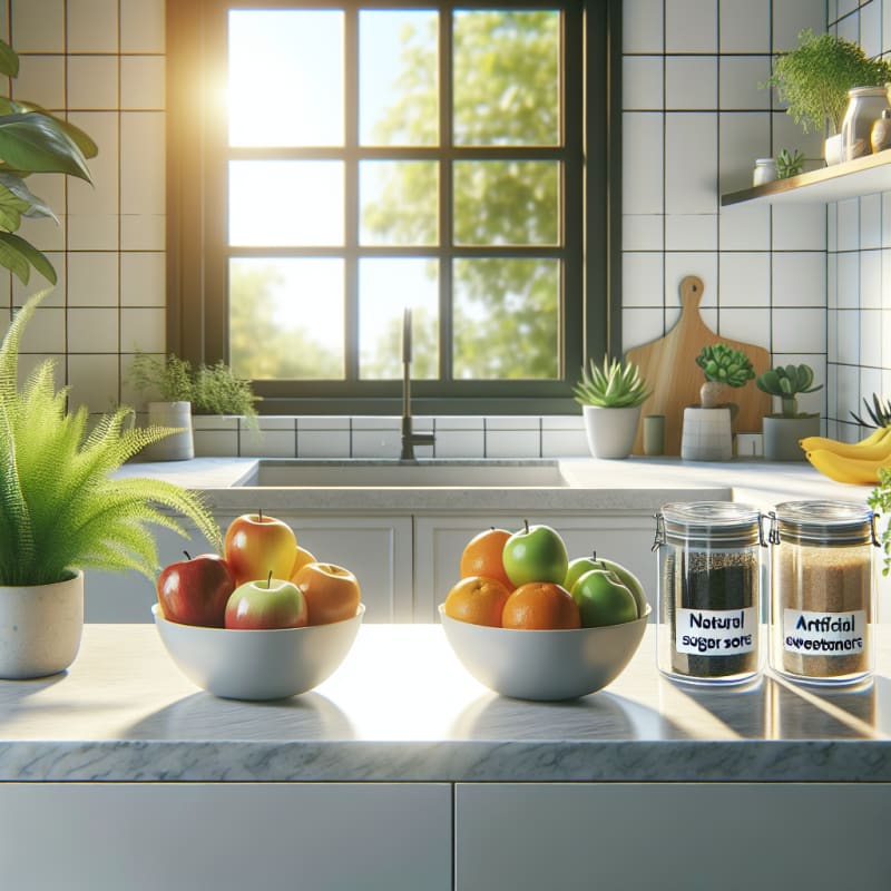 Bright minimalist kitchen table with colorful fruit bowls labeled natural sugar sources next to clear containers labeled artificial sweeteners surrounded by warm sunlight and green plants symbolizing health and balance