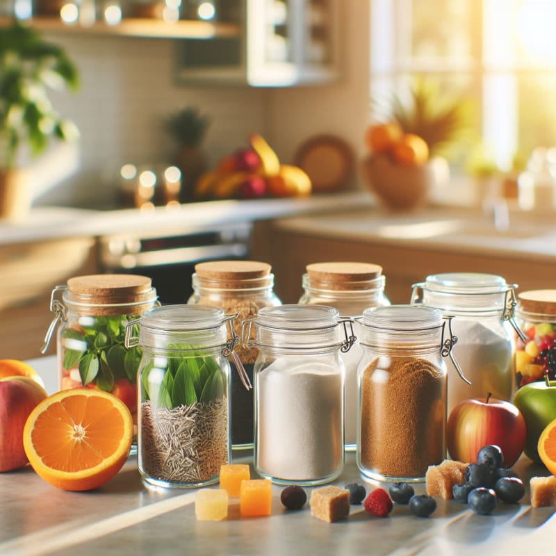 Bright modern kitchen counter with colorful natural sweeteners like stevia leaves monk fruit powder and coconut sugar in glass jars surrounded by fresh fruit and sunlight