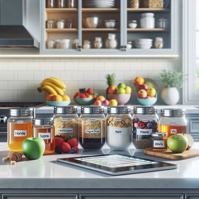 Bright modern kitchen countertop with colorful labeled jars of natural sweeteners fruits and sugar-free snacks arranged neatly beside a tablet showing nutrition facts