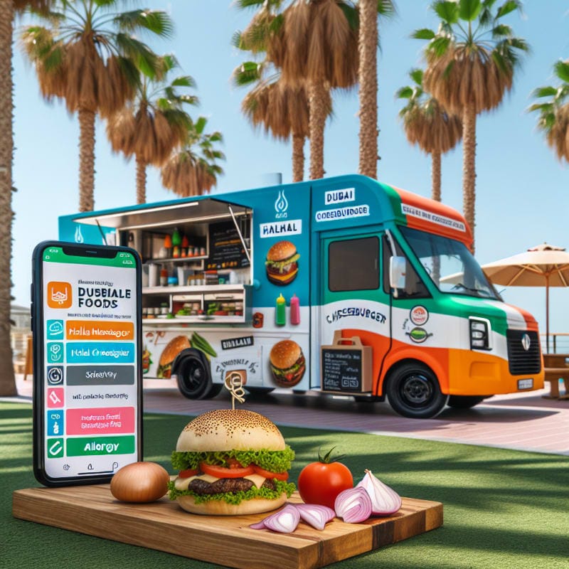 A vibrant food truck parked under palm trees with a large halal Dubai cheeseburger and fresh ingredients displayed on a wooden board next to allergy-friendly food labels and a mobile phone with a food safety app on the screen