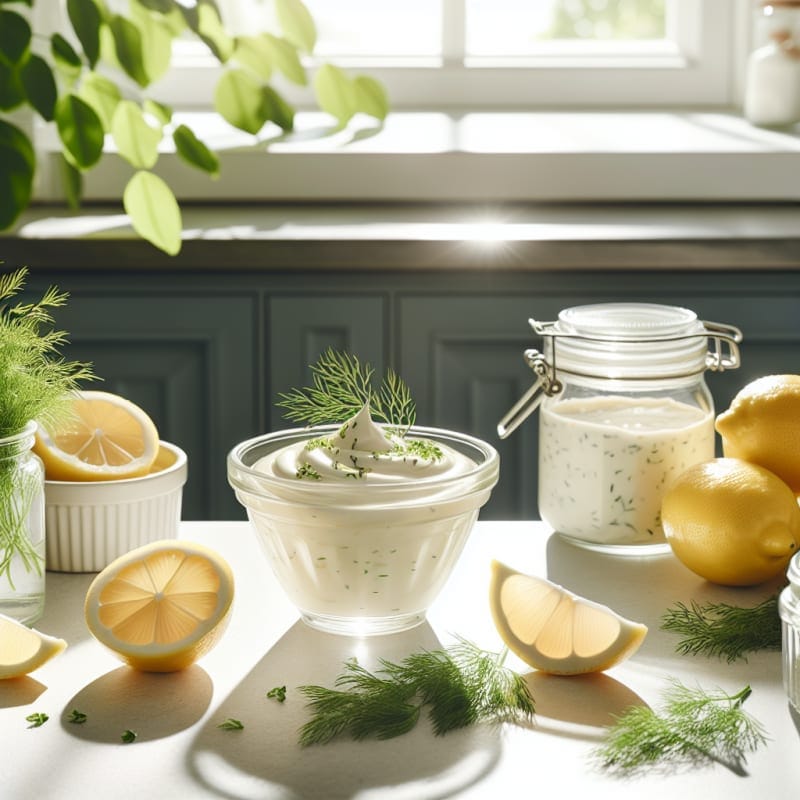 A bright modern kitchen countertop with a glass bowl of creamy tartar sauce next to fresh lemon slices dill and clean ingredient jars sunlight streaming in and soft green leaves in the background