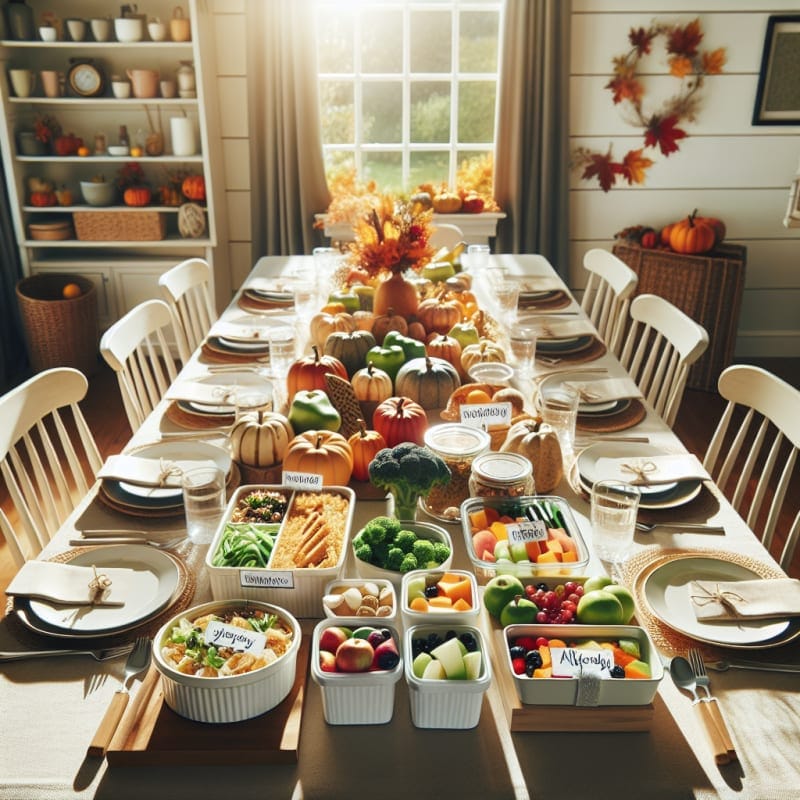 Bright kitchen table set for Thanksgiving with allergy-friendly dishes fresh fruits and veggies labeled containers and clean utensils sunlight streaming in cozy autumn decor