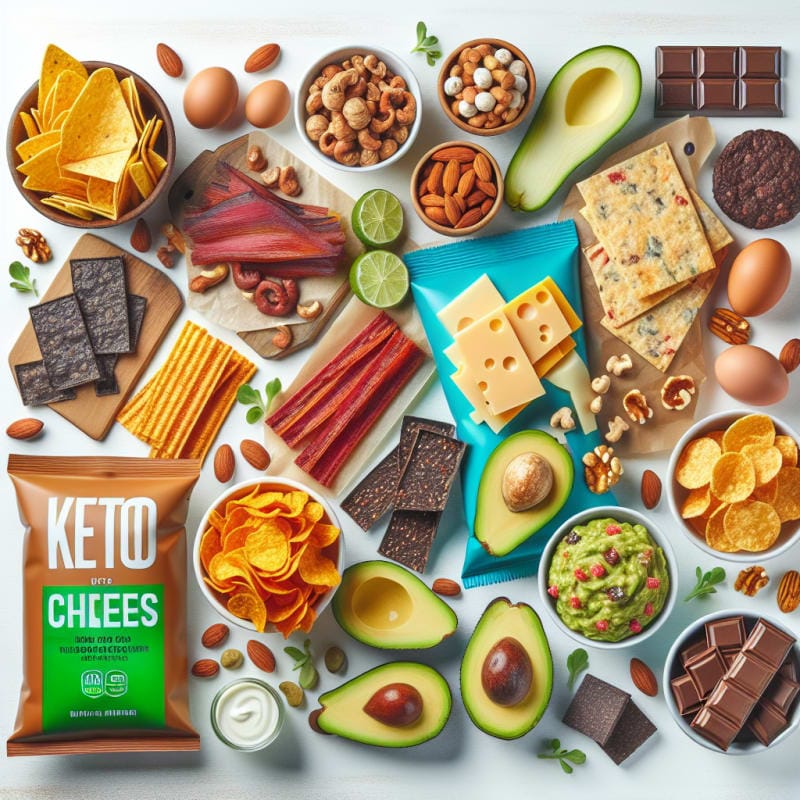 A bright flat lay of neatly arranged keto snack packages with clear allergy-friendly and food safety labels surrounded by fresh vegetables on a light wooden kitchen table soft natural lighting pastel colors