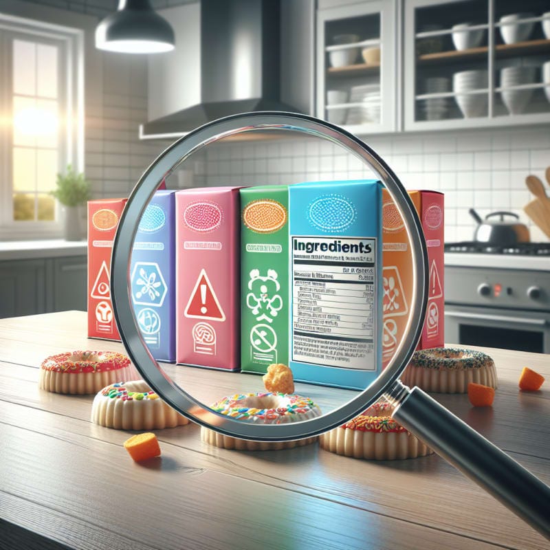 A bright modern kitchen countertop with colorful packaged treats beside a magnifying glass focusing on food ingredient labels surrounded by allergy-safe symbols and soft natural lighting for a hopeful trustworthy atmosphere