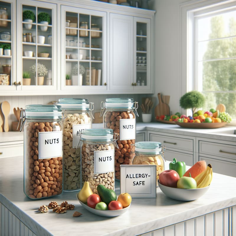 Bright modern kitchen with labeled glass jars of nuts placed beside colorful allergy-safe snacks natural light fresh produce allergy-safe signage calm setting