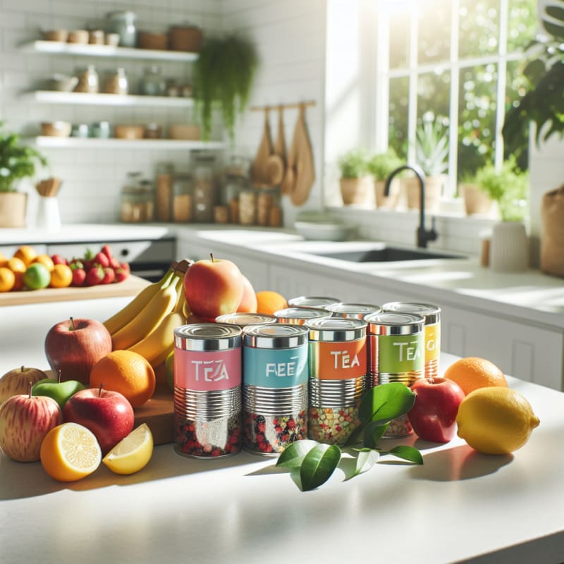 Bright kitchen counter with colorful twisted tea cans surrounded by fresh fruits and clear allergy-safe food labels cheerful natural light modern eco-friendly vibe