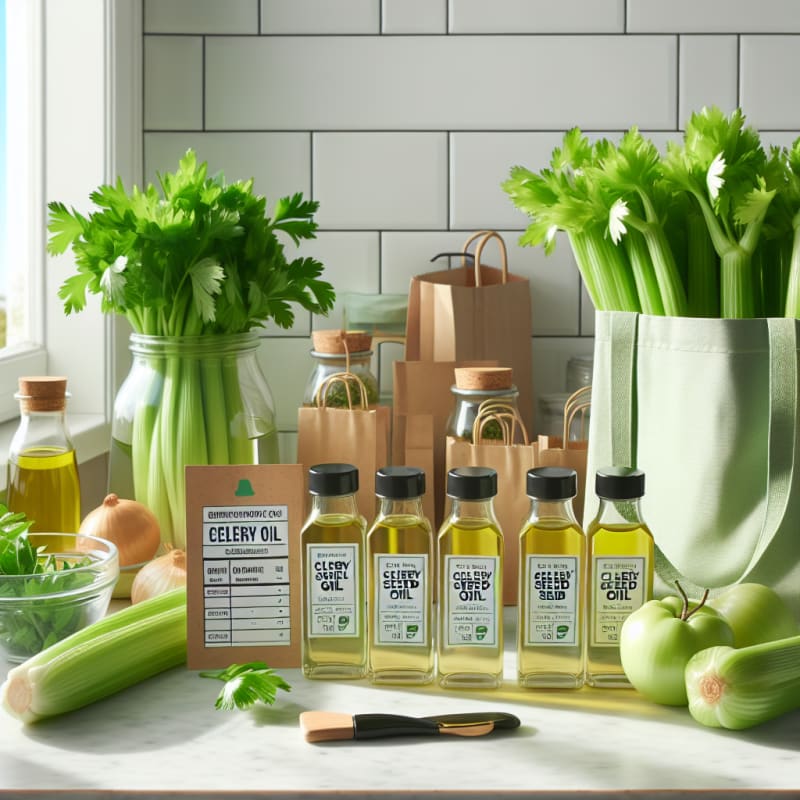 a bright kitchen countertop with fresh celery stalks bottles of celery seed oil clear food labels eco-friendly grocery bags and sunlight streaming in