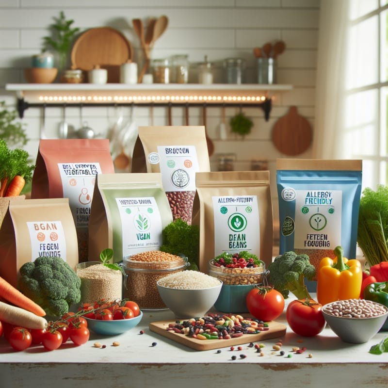 Bright kitchen countertop filled with colorful fresh vegetables grains beans and allergy-friendly vegan food packaging with clear eco-labels soft natural lighting promoting healthy sustainable meal prep