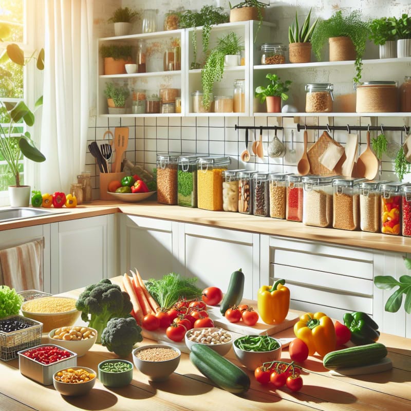 Bright modern kitchen filled with colorful fresh vegetables grains and legumes arranged on eco-friendly reusable containers sunlight streaming in green plants in background cheerful sustainable vibe