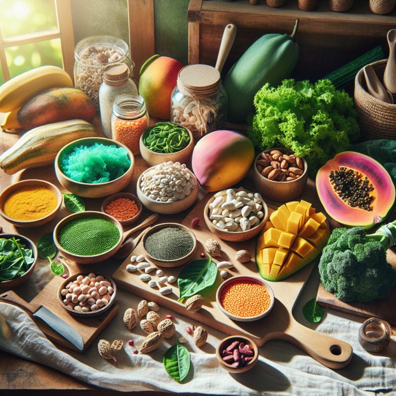 Bright flat lay of colorful vegan ingredients including sea moss water lentils fermented nuts tropical fruits and green leafy vegetables on a wooden kitchen counter with natural light and eco kitchen props