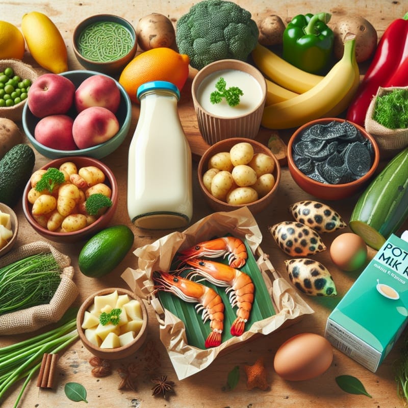 Bright flat lay of colorful plant based foods including potato milk cartons vegan seafood made from banana blossom and green leafy vegetables on a natural wooden table