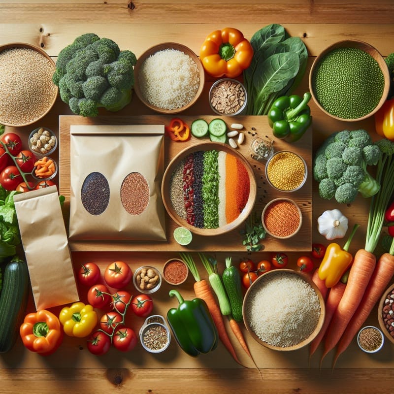 Bright flat lay of colorful fresh vegetables grains and legumes arranged neatly on a wooden table with clean packaging labels and eco friendly kitchen vibe