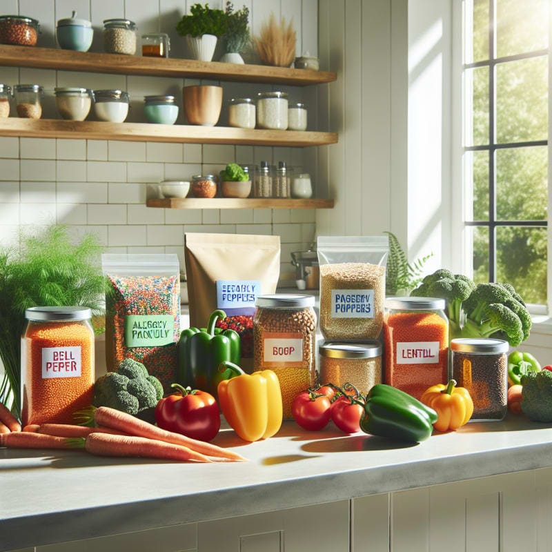 A bright modern kitchen countertop with fresh colorful vegetables grains safe packaged foods and allergy-friendly labels arranged neatly in vibrant natural lighting