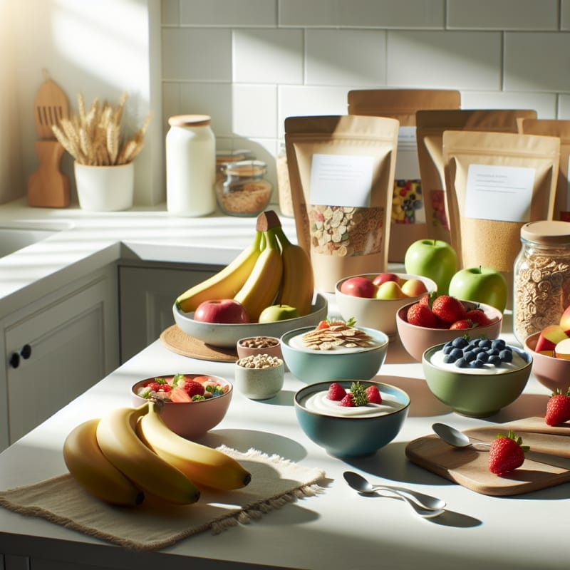 Bright kitchen counter with colorful bowls of yogurt surrounded by fresh fruit whole grain cereals and eco-friendly allergy-safe food packaging soft daylight and clean textures