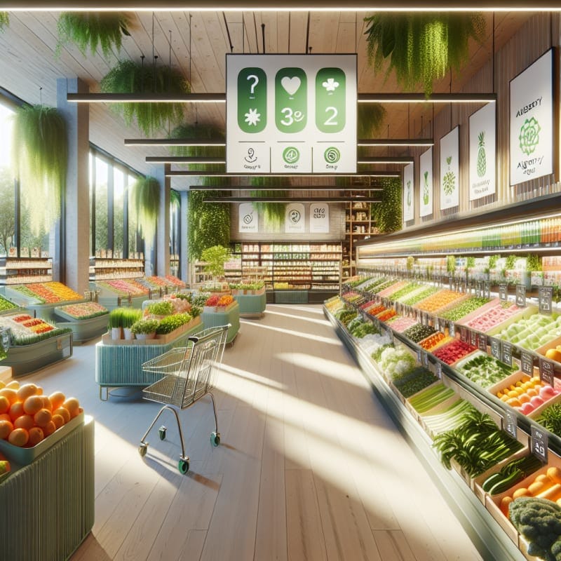 Bright sunlit modern grocery store shelves with vibrant fresh produce eco-friendly packaging allergy-safe labels and green plants in background inviting atmosphere