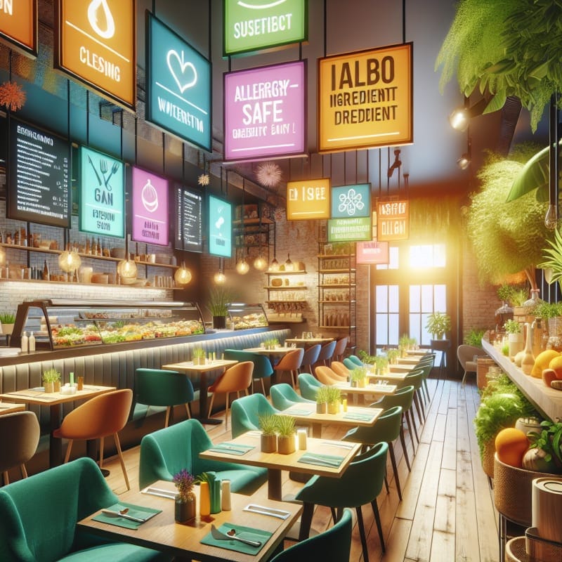 Bright colorful restaurant interiors with allergy-safe ingredient labels on menus eco-friendly kitchen designs fresh produce on countertops vibrant lighting