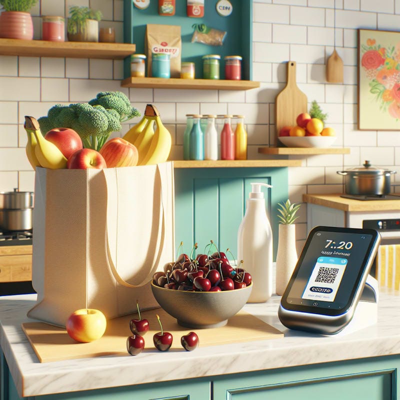 Bright kitchen countertop with fresh cherries eco-friendly grocery bag digital food scanner and allergy-safe food labels natural light cheerful colors inviting atmosphere