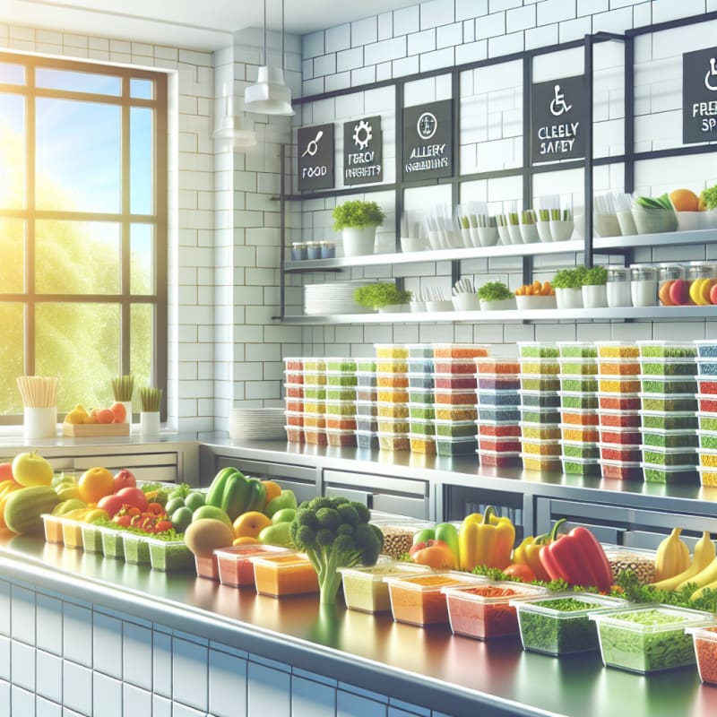 Bright modern commercial kitchen filled with colorful allergy-safe food ingredients fresh produce and clearly labeled containers sunlight streaming through large windows highlighting clean organized counters vibrant healthy atmosphere