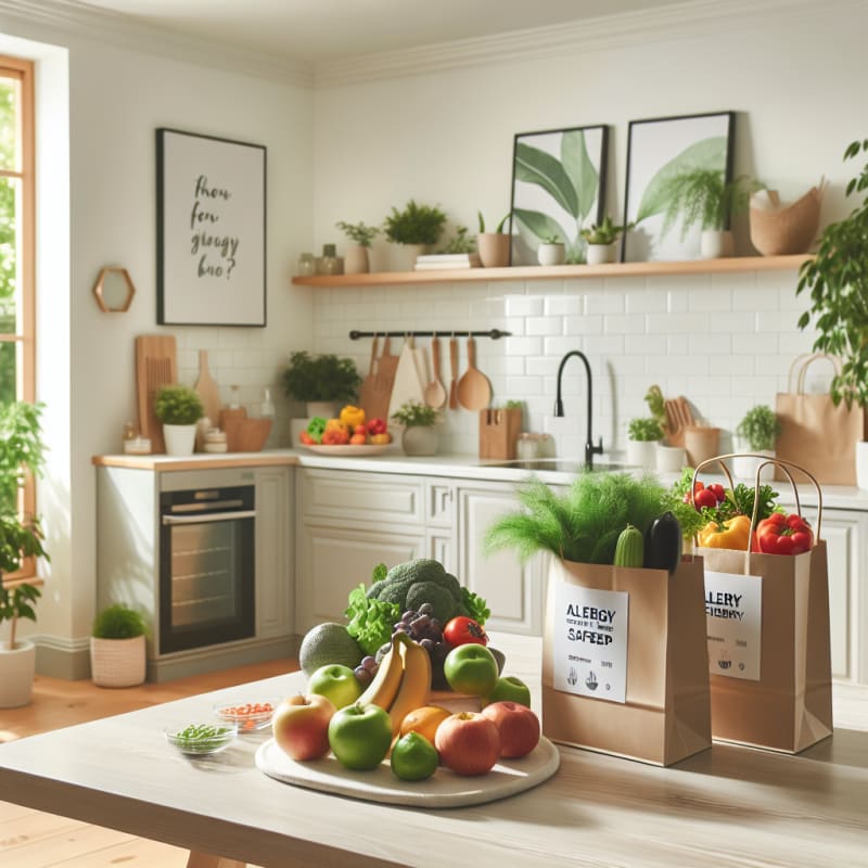 Bright inviting kitchen with fresh colorful fruits and vegetables allergy-safe food labels eco-friendly grocery bags and soft natural lighting