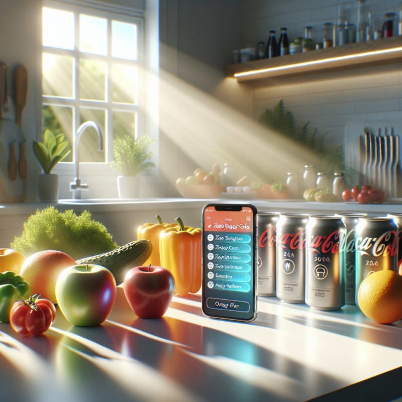 Bright kitchen countertop with cans of zero sugar coca cola surrounded by colorful fresh fruits vegetables and allergy-safe food packages glowing sunlight modern food safety tech devices like a mobile smartphone displaying a food scan app