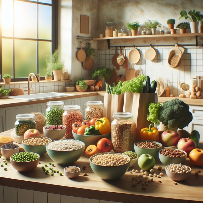 Bright modern kitchen countertop with colorful vegan ingredients bowls of pea protein grains nuts and fresh produce surrounded by eco packaging soft natural light