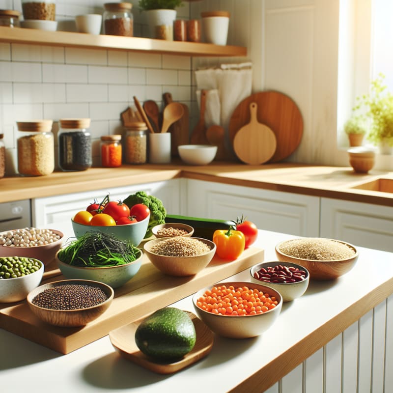A bright modern kitchen countertop with colorful bowls of legumes seaweed grains and fresh vegetables arranged neatly on natural wood under soft sunlight no people