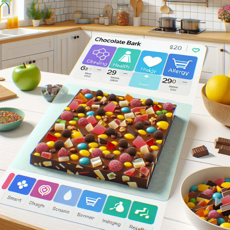 Bright overhead shot of colorful chocolate bark with visible nut and candy pieces on a clean white surface surrounded by smart food scanner device healthy ingredient labels and allergy icons in a cheerful kitchen setting