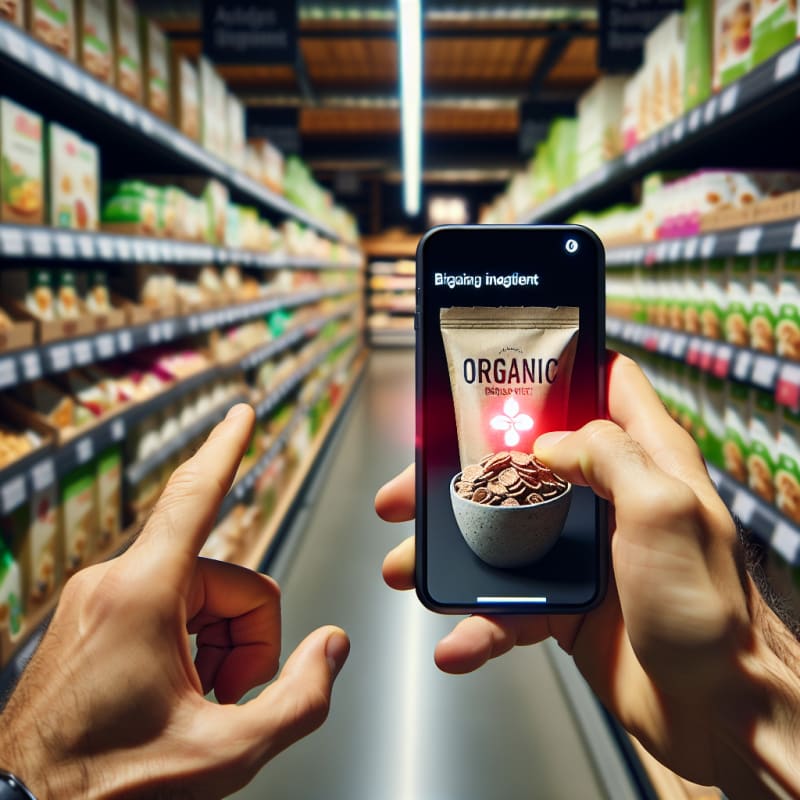 Over-the-shoulder view of an organic grocery store aisle in Germany. A male hand is scanning a package of organic breakfast cereal. Phone screen displays glowing red warning notification for BHT. Background is shelves of bio-labelled products with store fluorescent bokeh lighting. Visible imperfections, slightly crinkled wrapper, 8k, photorealistic.