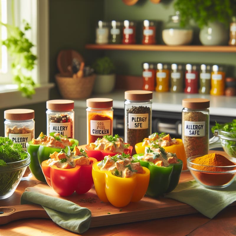 Bright kitchen countertop with colorful bell peppers sliced open and filled with creamy buffalo chicken mix surrounded by fresh herbs glass bowls with labeled spice jars and allergy safe food labels in view natural light cheerful atmosphere