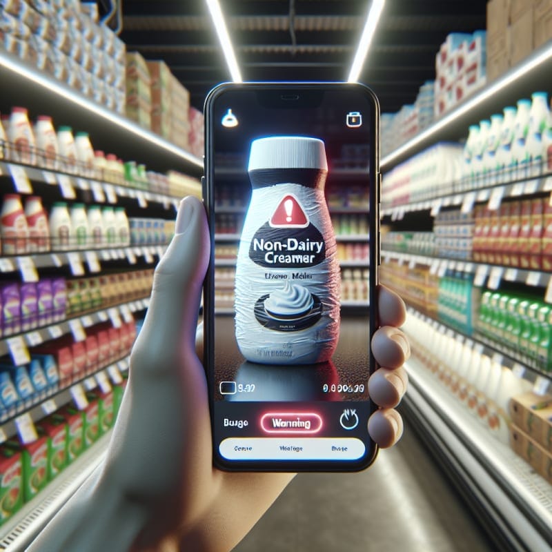 First-Person POV of a grocery store non-dairy aisle. Hand holding a smartphone scanning a crinkled package of non-dairy creamer. Phone screen displays glowing red warning notification. Background is crowded shelves with price tags and budget labels, store fluorescent bokeh lighting. Visible imperfections, slight condensation on packaging, 8k, photorealistic.