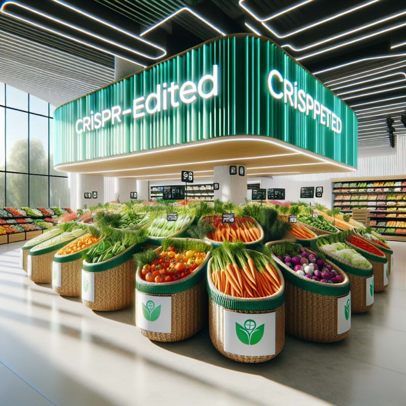 Bright modern grocery display with baskets of colorful fresh vegetables labeled crispr edited surrounded by natural light and green eco signage futuristic design clean aesthetic