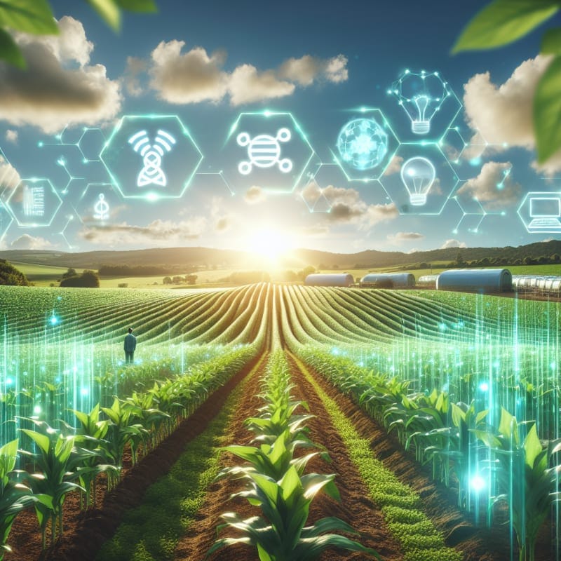 Bright futuristic farm landscape with rows of green crops glowing softly representing CRISPR gene editing surrounded by eco-friendly technology icons under a sunny sky no people visible