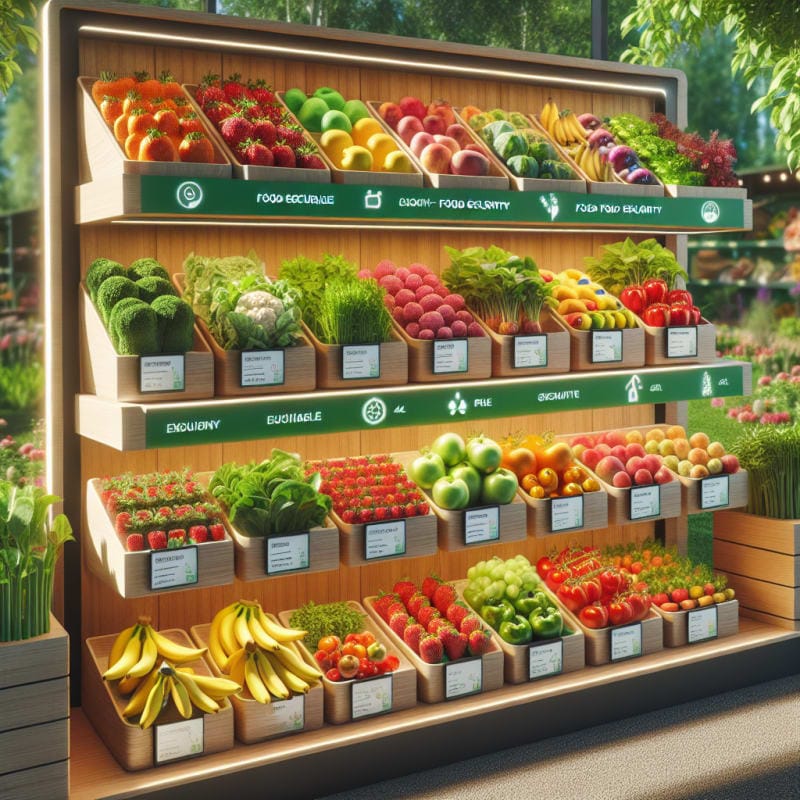 Bright farm stand display of colorful gene edited fruits and vegetables including strawberries greens bananas and tomatoes under natural light labeled with eco friendly food security tags