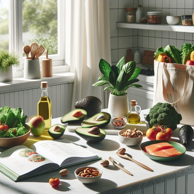 Bright modern kitchen countertop with colorful low carb ingredients like avocado leafy greens olive oil nuts and salmon arranged neatly with a minimalist cookbook open beside a reusable grocery bag
