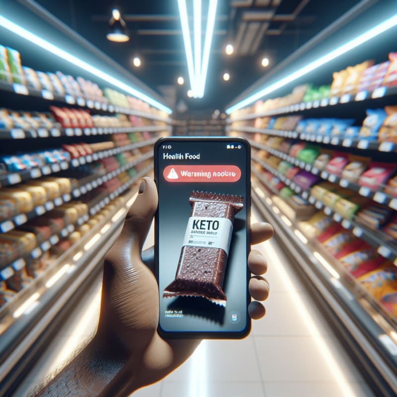Over-the-shoulder view of a premium UK supermarket health food aisle. A hand is scanning a package of keto-labelled protein bar. Phone screen displays a glowing red warning notification. Background is blurred shelves of low-carb snacks with store fluorescent bokeh lighting. Visible imperfections on packaging, slightly crinkled wrapper, subtle condensation on nearby chilled items. Cinematic lighting, 8k, photorealistic.