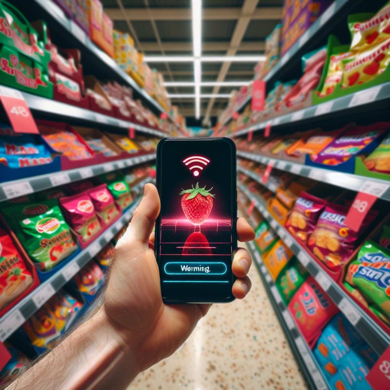 First-Person POV of a UK supermarket aisle. Hand holding a smartphone scanning a package of strawberry sweets. Phone screen displays glowing red warning notification. Background is shelves of budget snacks with store fluorescent bokeh lighting. Visible imperfections, crinkled wrapper, slight condensation on packaging. 8k, photorealistic.