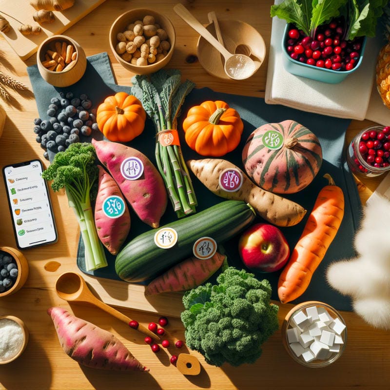 Colorful flat lay of vibrant winter produce like sweet potatoes kale and cranberries arranged with allergy-safe labels and a mobile phone scanning groceries in a bright hopeful kitchen setting