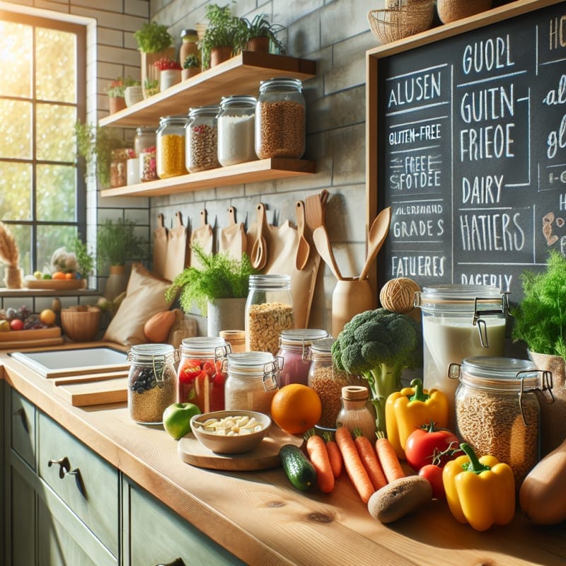Bright and inviting kitchen counter with colorful fresh vegetables gluten free grains dairy alternatives allergy safe food labels eco-friendly containers sunlight streaming through window healthy hope filled atmosphere
